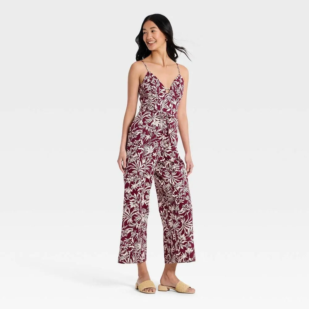 New without Tags - Women's Beaded Linen Jumpsuit - A New Day Burgundy Floral S