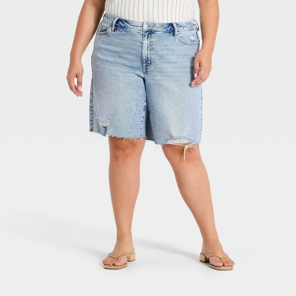 New without Tags - Women's Mid-Rise Distressed Bermuda Jean Shorts - Ava & Viv™ Light Wash