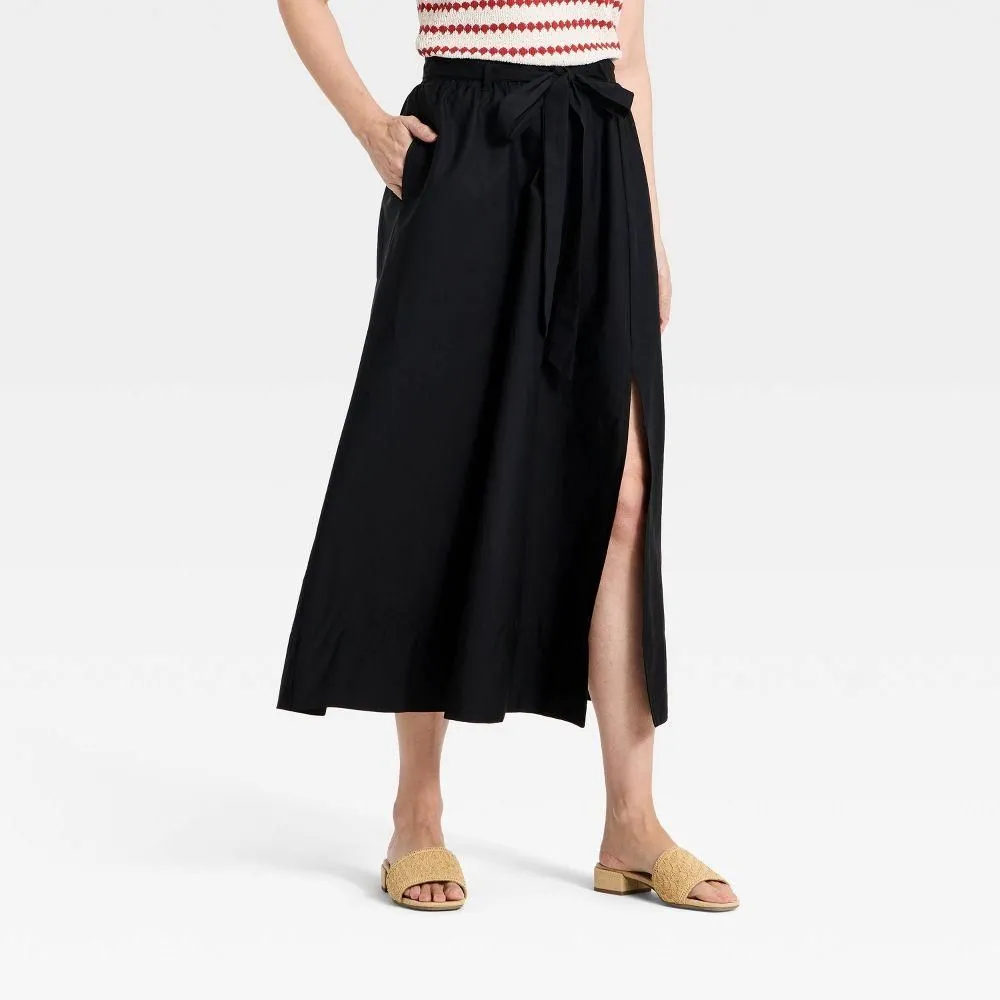 New without Tags - Women's Belted Maxi A-Line Skirt - A New Day Black M