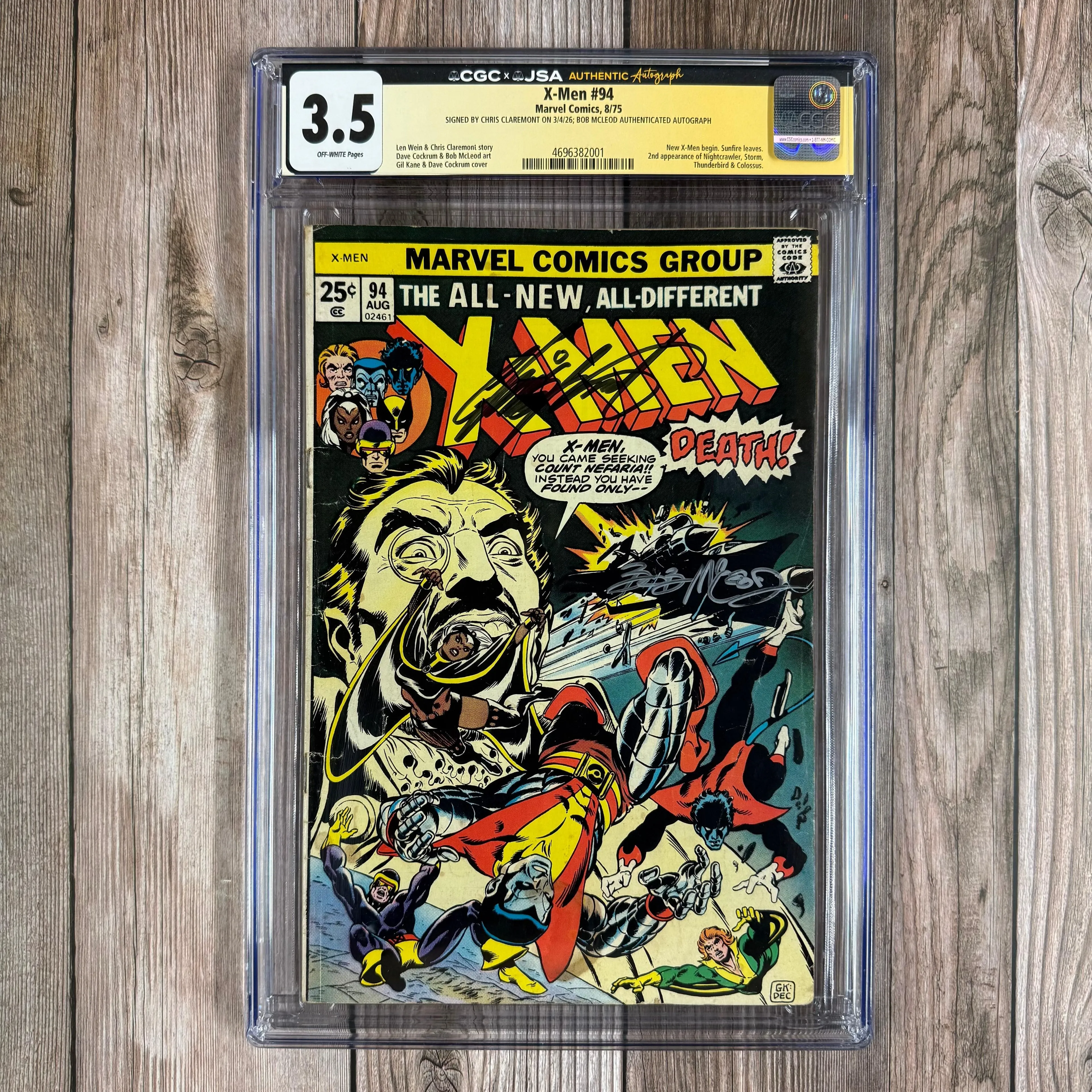 X-Men #94 CGC 3.5 SS Signed by Chris Claremont; and Bob McLeod Authenticated Autograph 2nd Appearance of Nightcrawler, Storm, Thunderbird & Colossus, 1st appearance of Dragonfly (Cert 2001)