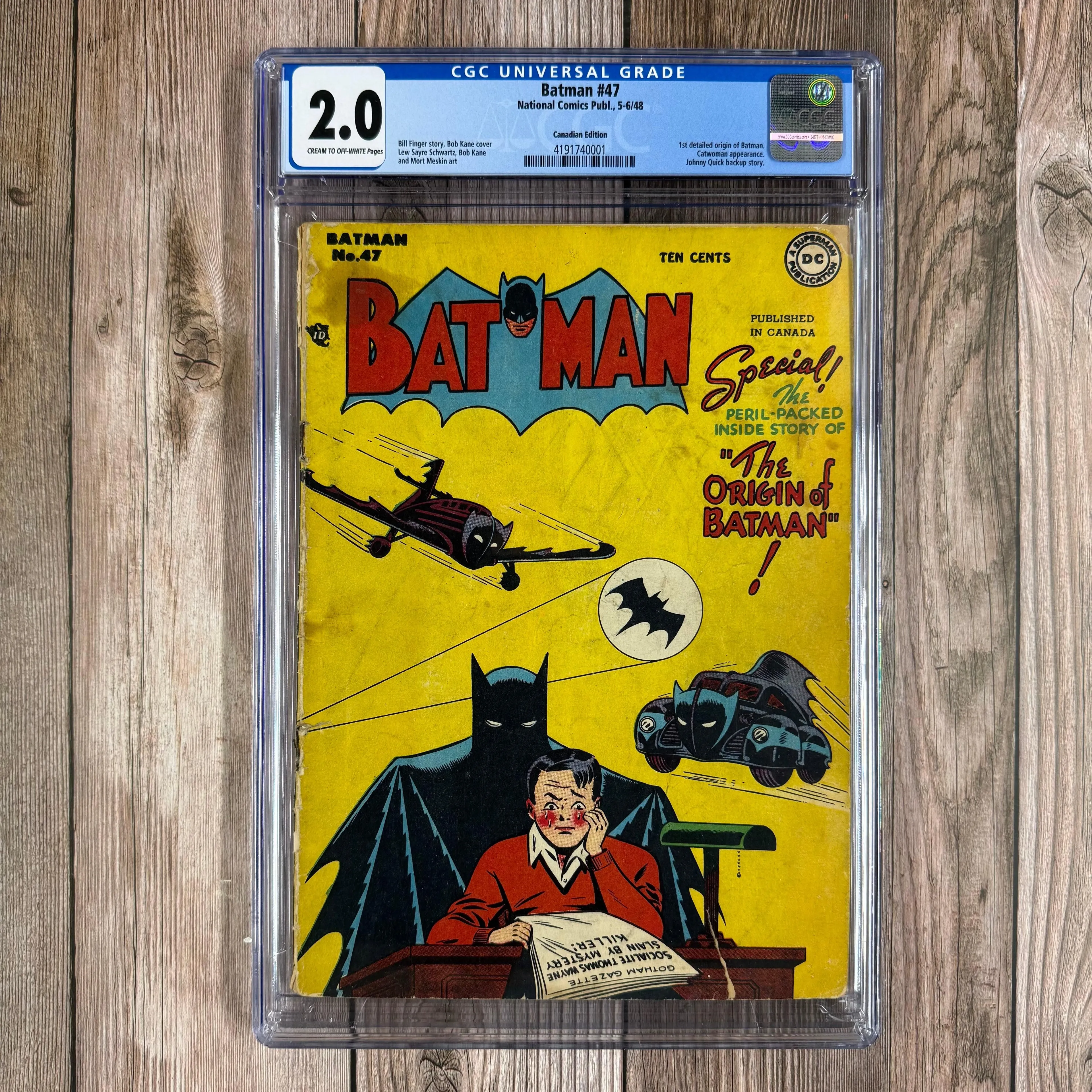 Batman #47 CGC 2.0 1st Detailed Origin of Batman; Catwoman Appearance CANADIAN EDITION  (Cert 0001)
