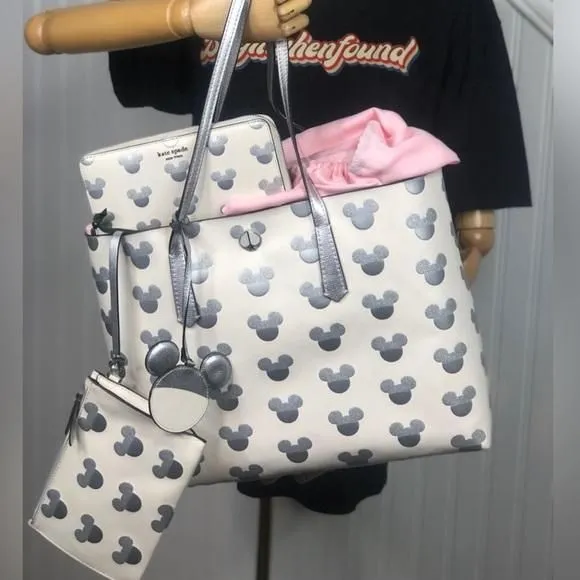 Product image for KATE SPADE x Disney Silver Mickey Mouse Embossed Leather Shoulder Bag Wallet Set