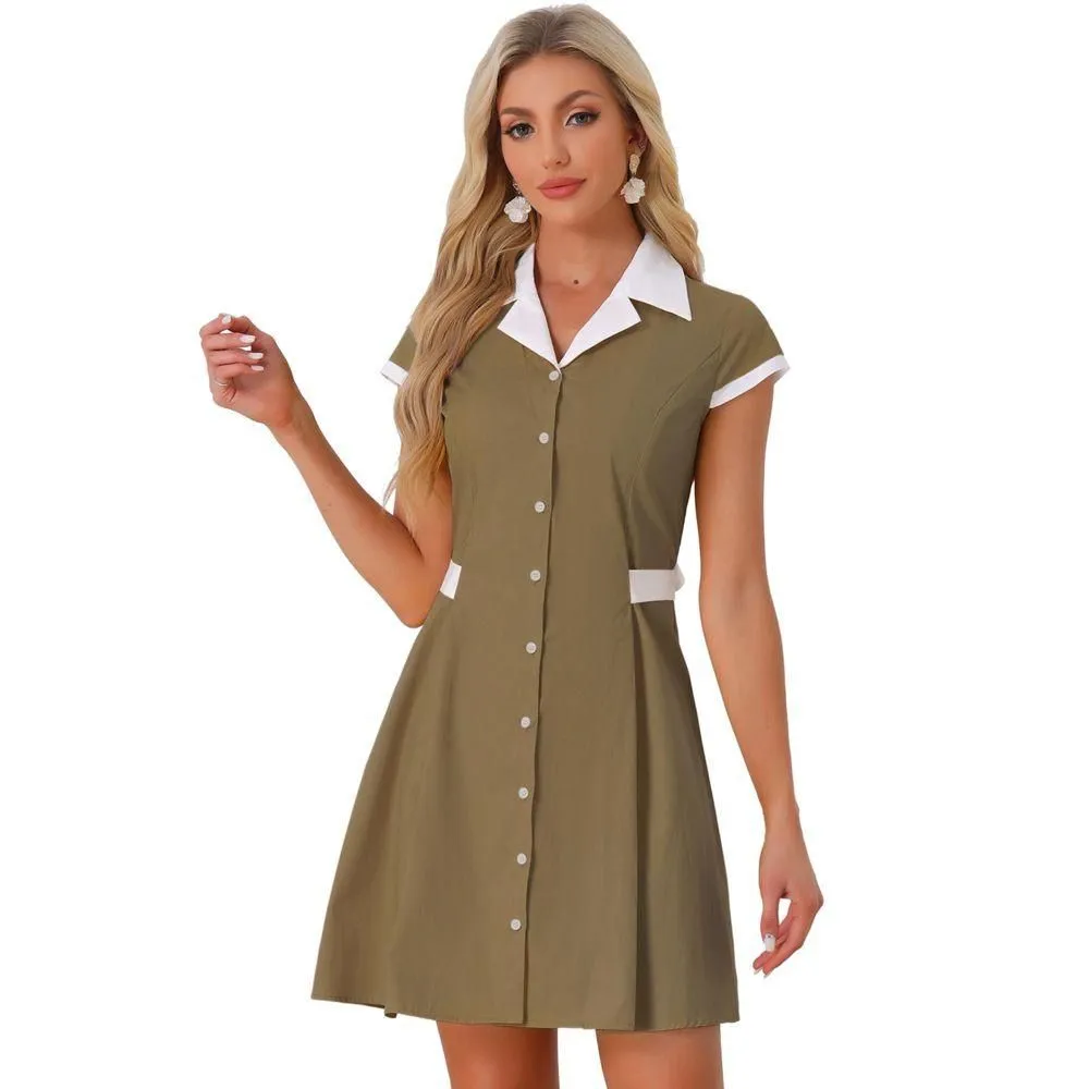 New without Tags - Allegra K Women's Vintage Button Down Flat Collar Belted Office Mini Shirt