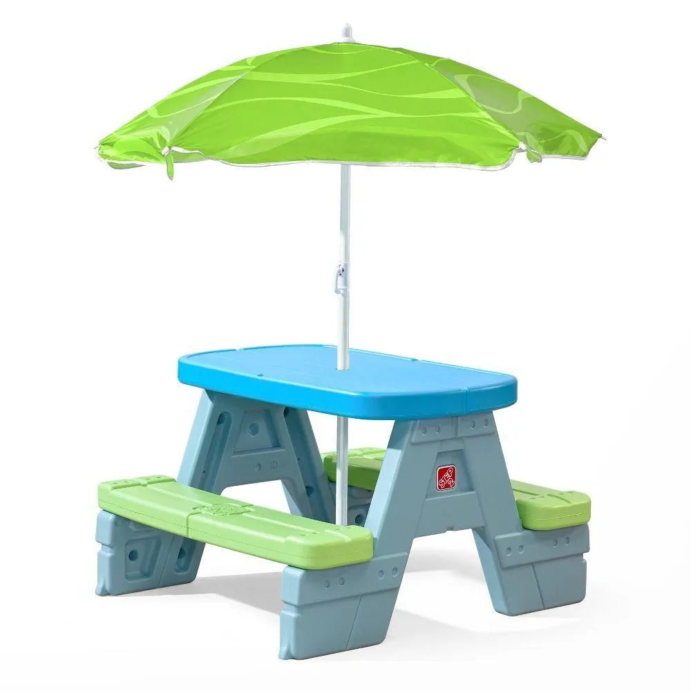 Open-box - Step2 Rectangle Sun & Shade Picnic Table with Umbrella - Blue/Green