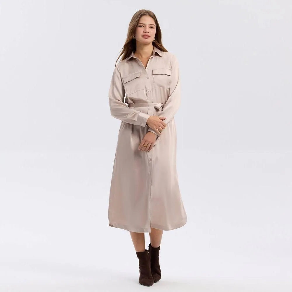 New without Tags - Size: XL - Women's Long Sleeve Belted Satin Midi Shirtdress - A New Day Champagne