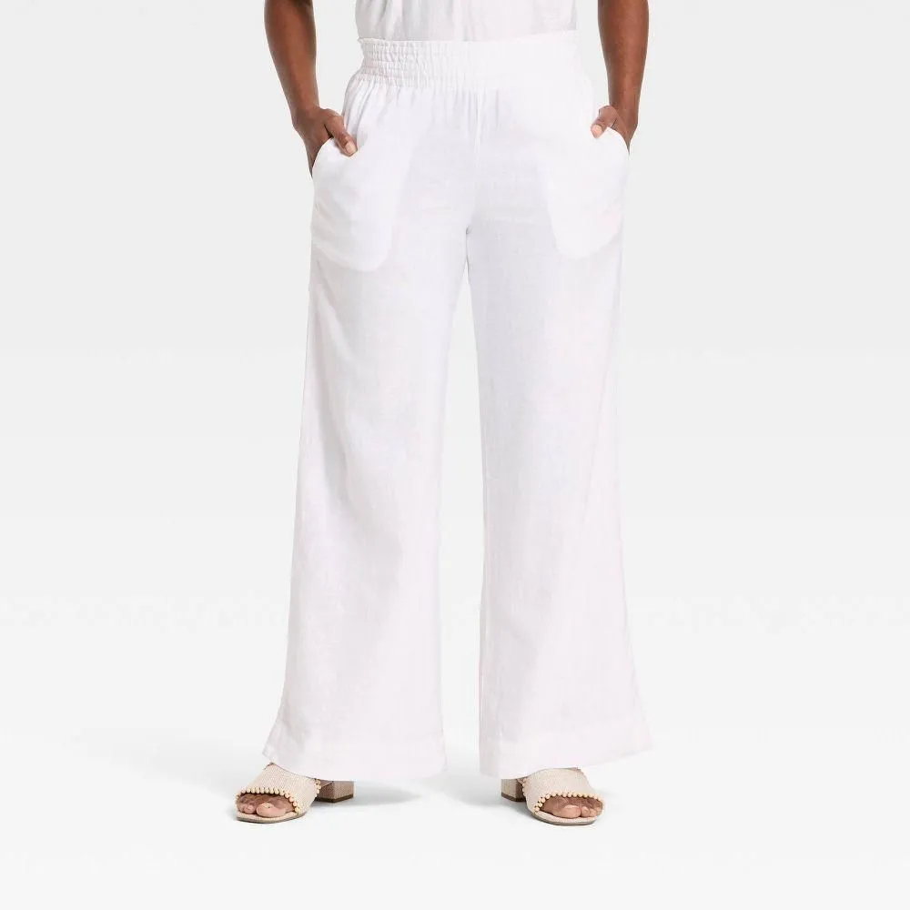 New without Tags - Size: L Long - Women's Linen Wide Leg Pull-On Pants - A New Day White L