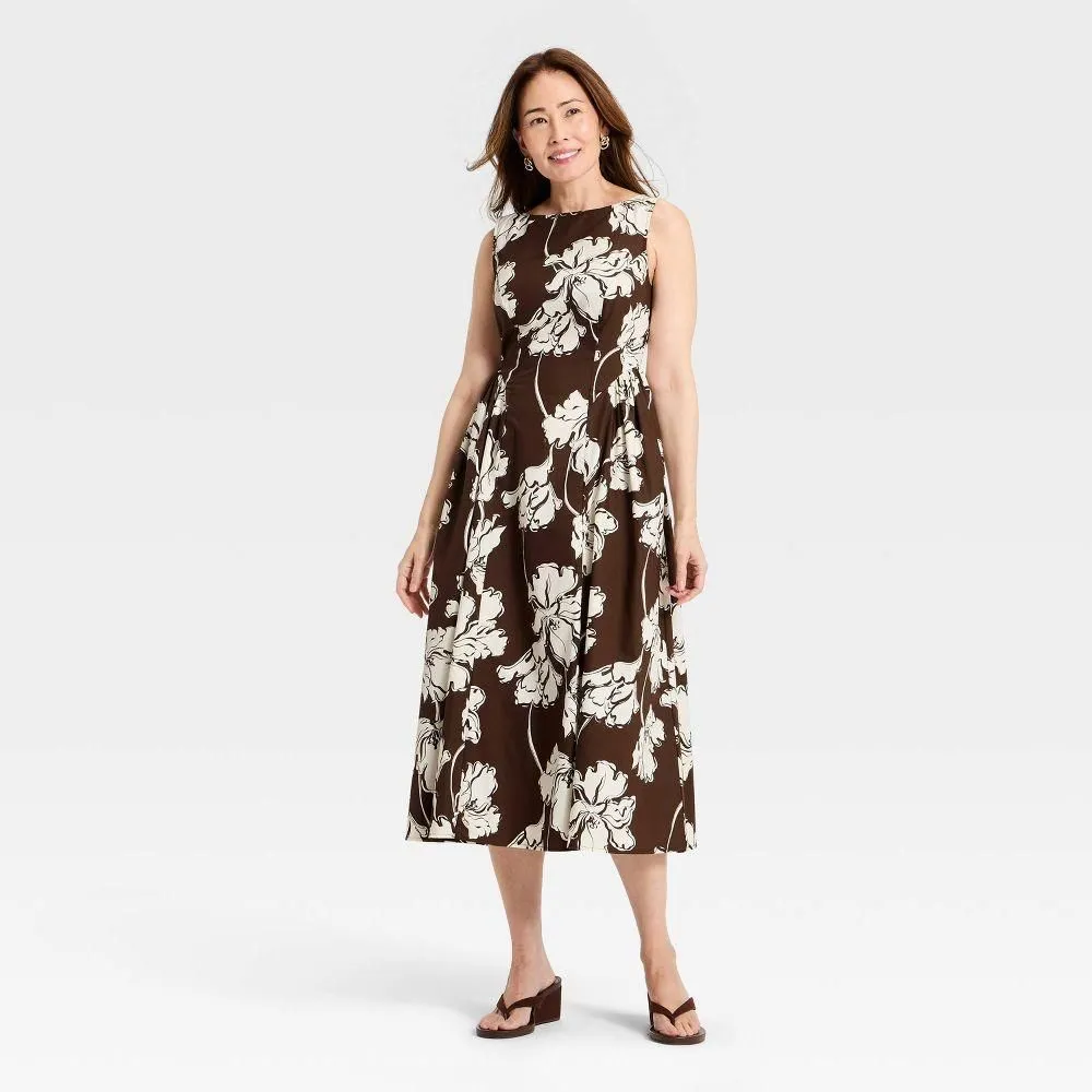 New without Tags - Women's Corset Midi A-Line Dress - A New Day Brown Floral M
