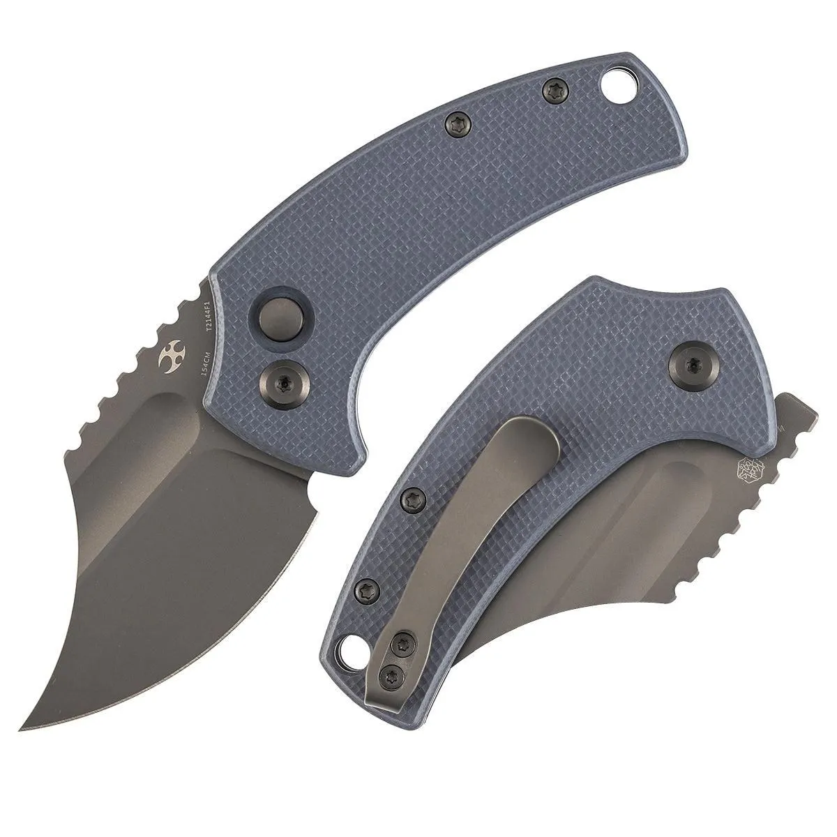 Kansept Wasp T2144F1 – 2.36″ Gray TiCn 154CM Modified Wharncliffe, Light Gray G10, Button Lock