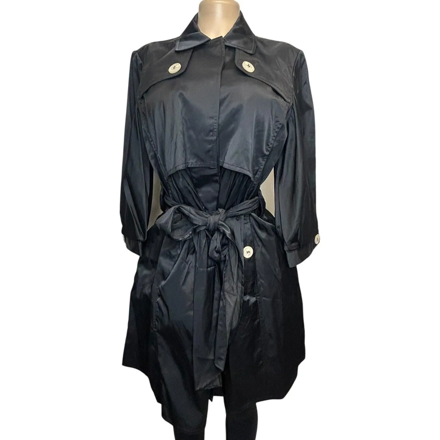 DG-86 BCBG Max Azria Belted Waist 3/4 Sleeves Trench Coat Black Women's Size 6