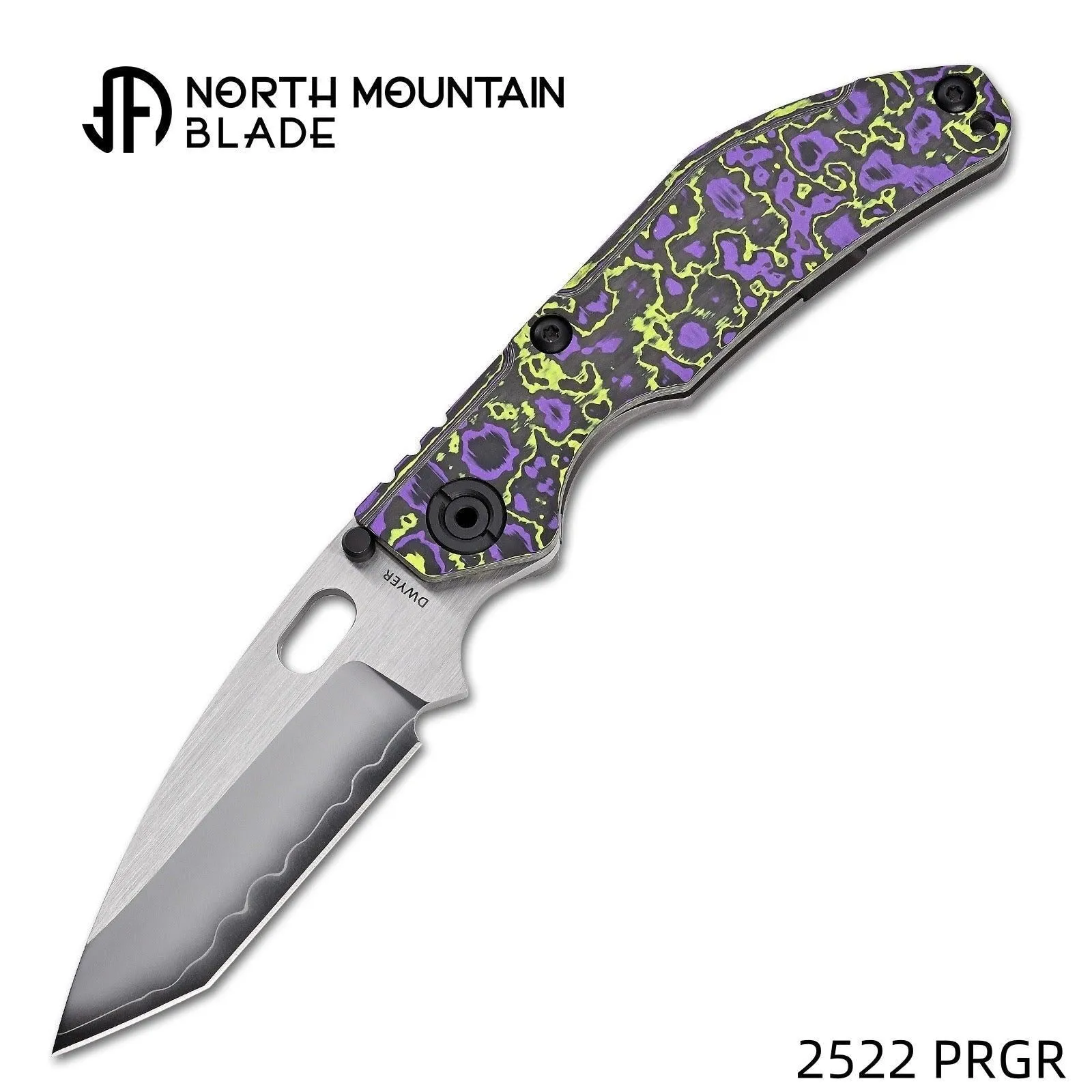 North Mountain Blade BBNM 2522-PRGR – 3.54″ Satin SLD Tanto, Purple & Yellow Ceramic Carbon Fiber, Frame Lock