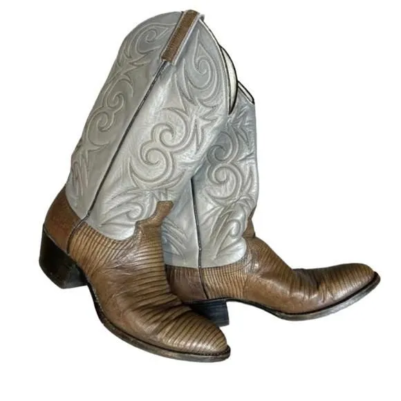 Product image for Vintage Dan Post Exotic Tegu Lizard Western Cowboy Boots Brown Gray Men Size 9.5