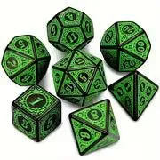 Green - 7pcs Vintage Polyhedral Dice Set, Plastic RPG Dice with Letter Details, Includes Velvet Bag