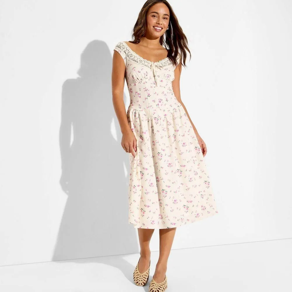 New without Tags - Women's Button-Front Lace Midi Dress - Wild Fable Off-White Floral S