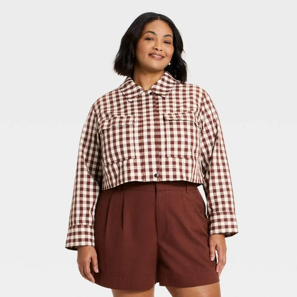 New without Tags - Women's Transitional Cropped Jacket - A New Day Brown Gingham 3X