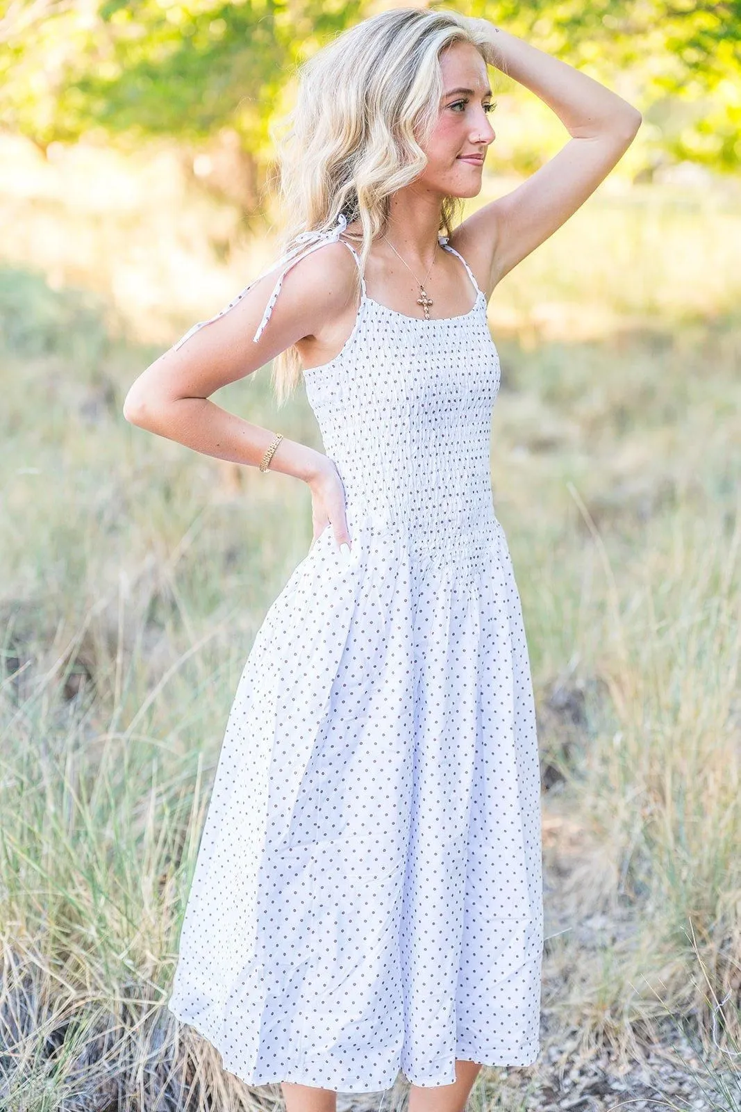 Polka Dot Smocked Midi Dress