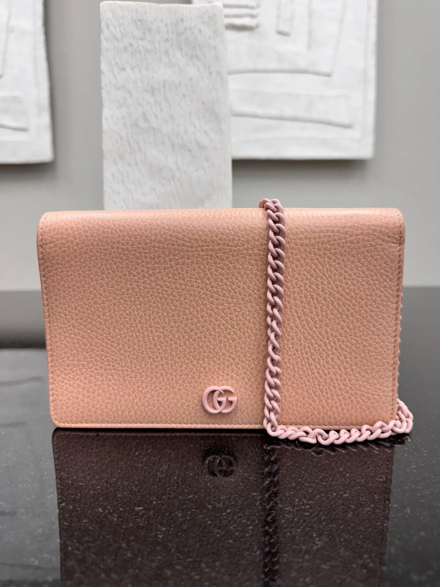 Gucci Pink Pebbled Leather Wallet On A Chain