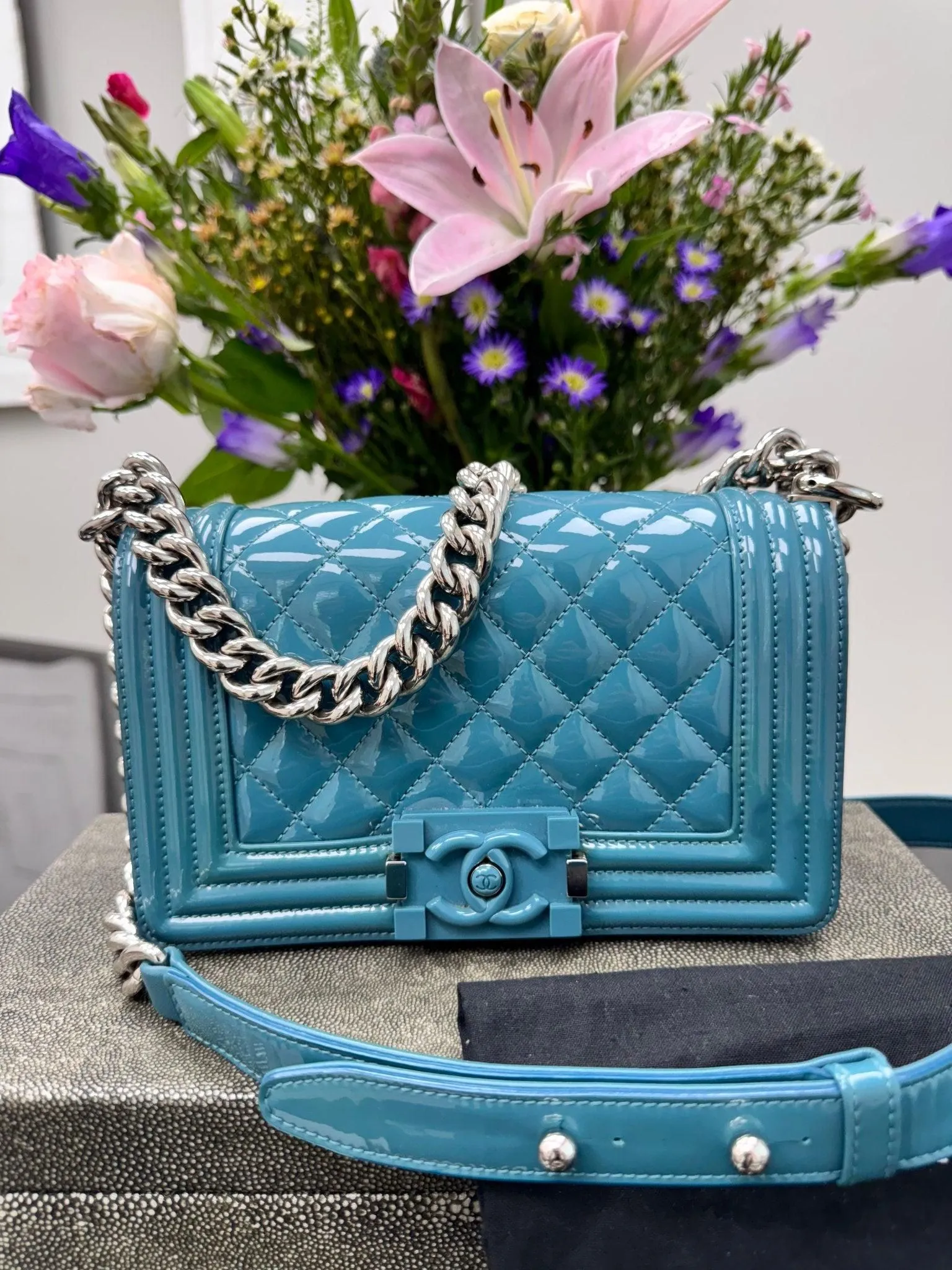 Chanel Teal Diamond Quilted Patent Leather Boy Flap Shoulder Bag