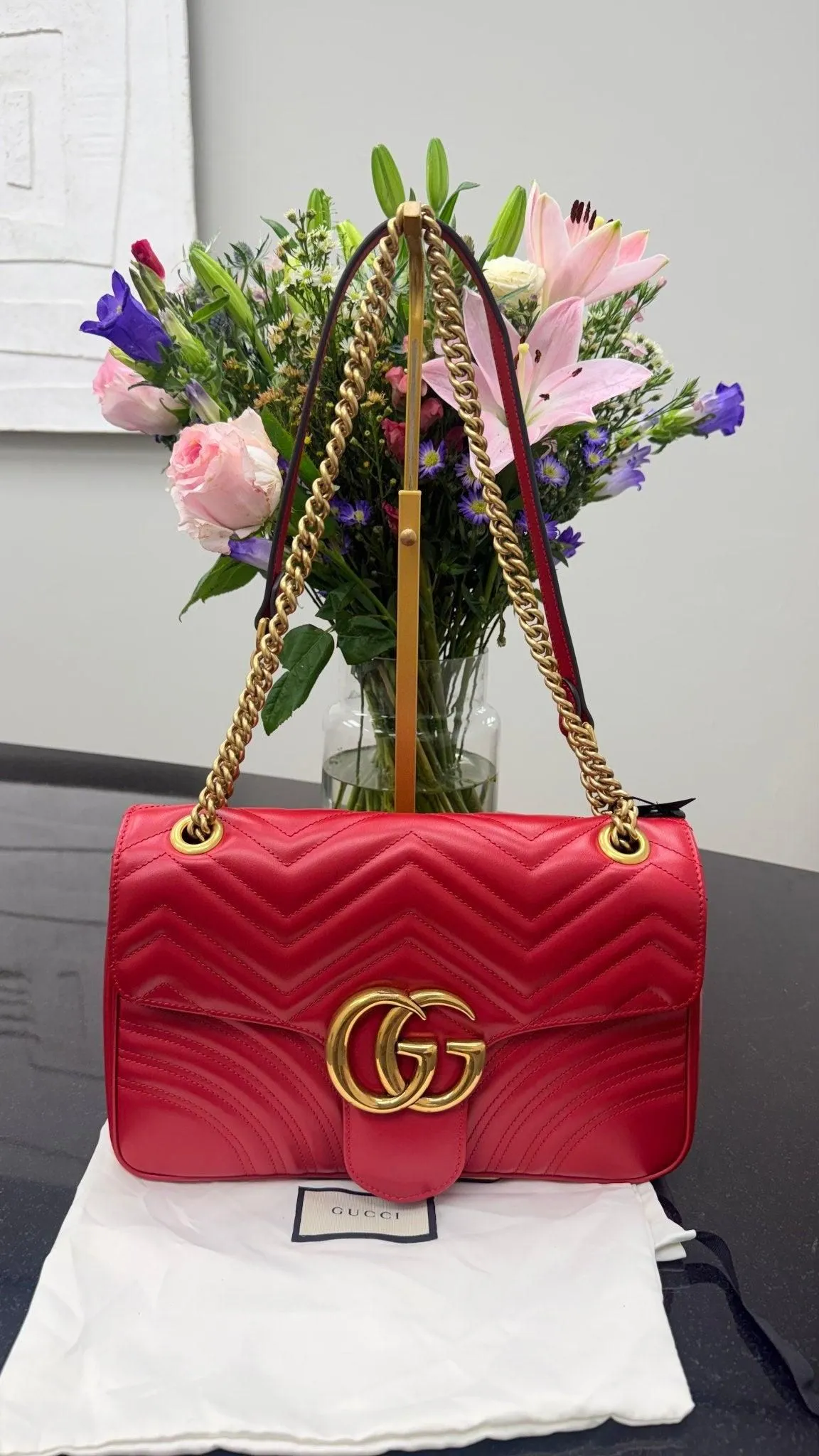 Gucci Red Leather GG Marmont Medium Shoulder Bag