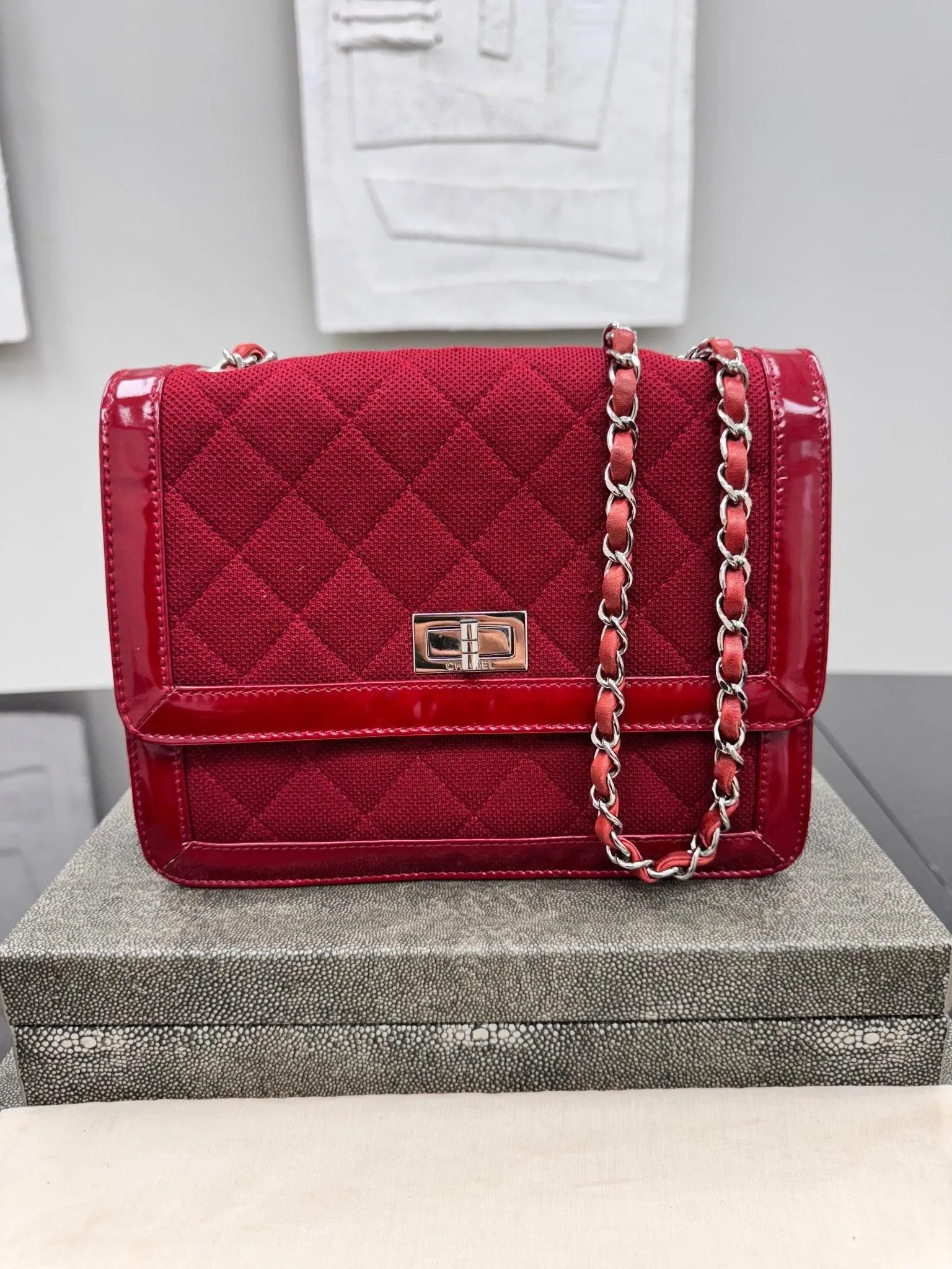 Chanel Red Quilted Jersey And Patent Leather 2.55 Reissue Flap Shoulder Bag