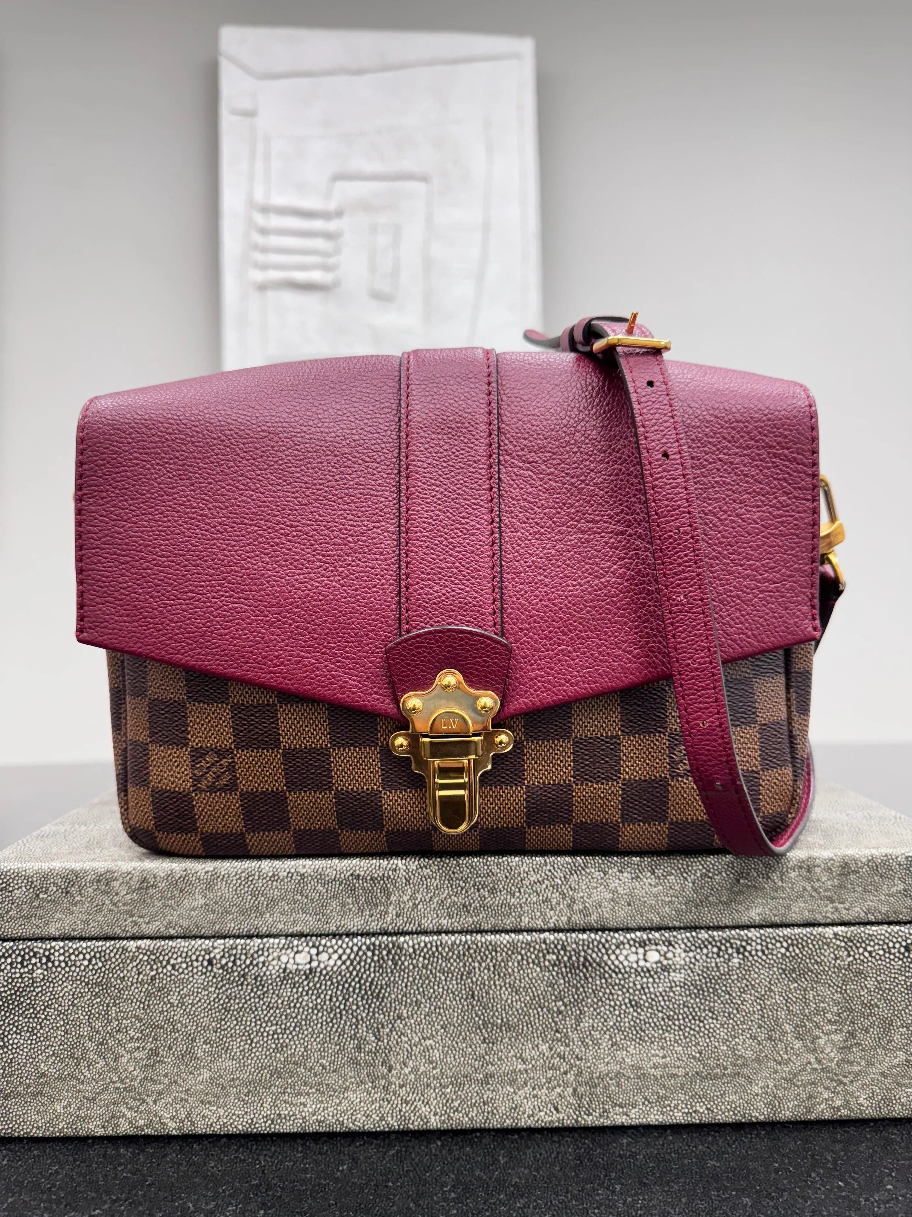 Louis Vuitton Burgundy Grained Leather Damier Ebene Clapton Crossbody PM