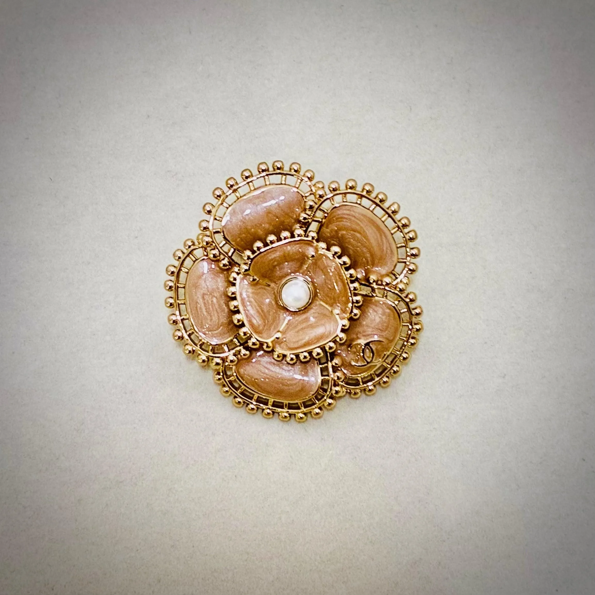 CHANEL 23A Pink Camellia Brooch Pearl Gold Tone CC 2023 France