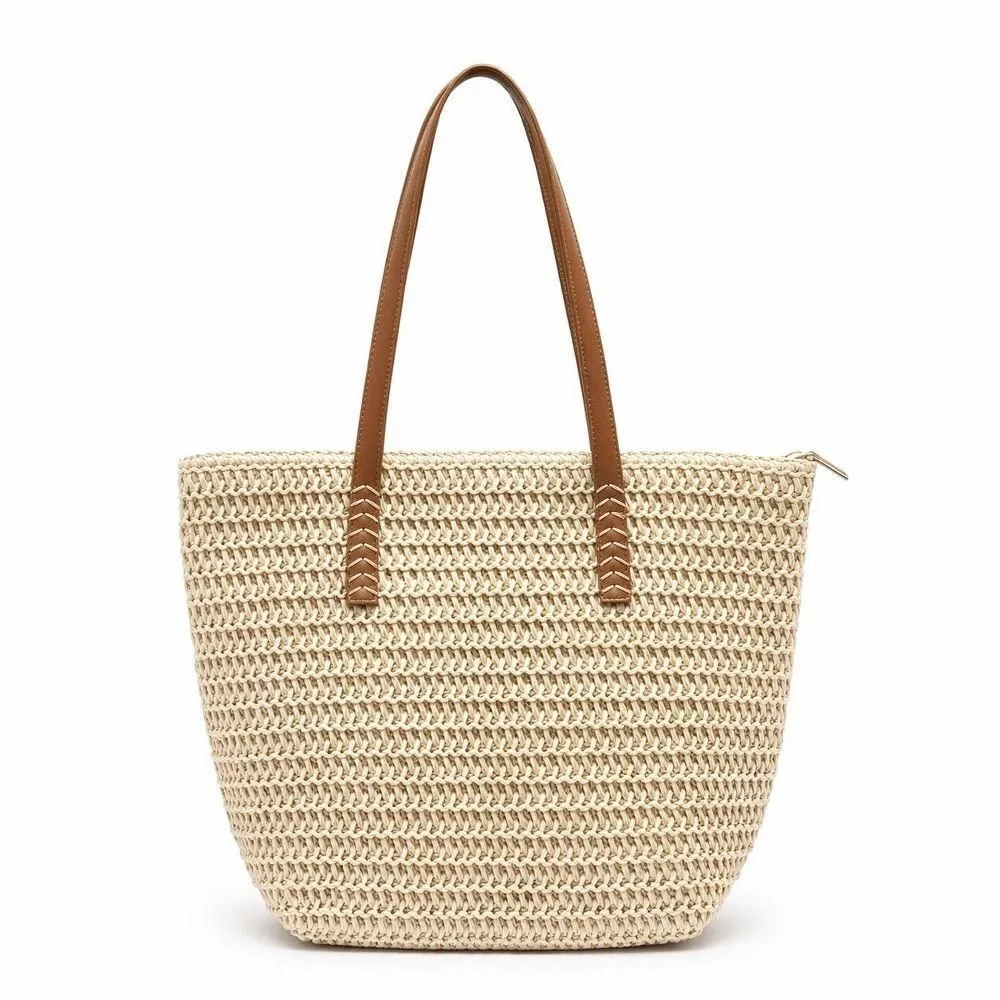 New Without Tags - Alilang Woven Straw Tote Bag with Leather Shoulder Straps Lightweight