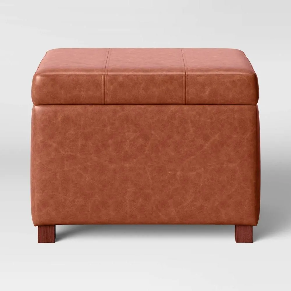 New without box - Size: 18 Inches (H) x 24 Inches (W) x 17 Inches (D) - Essex Single Storage Ottoman Caramel Faux Leather - Threshold: Upholstered