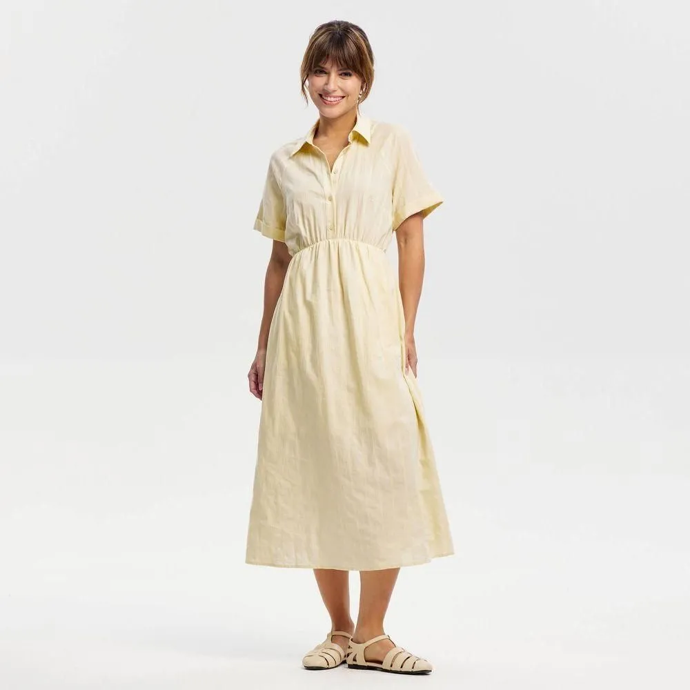 New without Tags - Women's Short Sleeve Button-Front Midi Shirtdress - Universal Thread Cream M