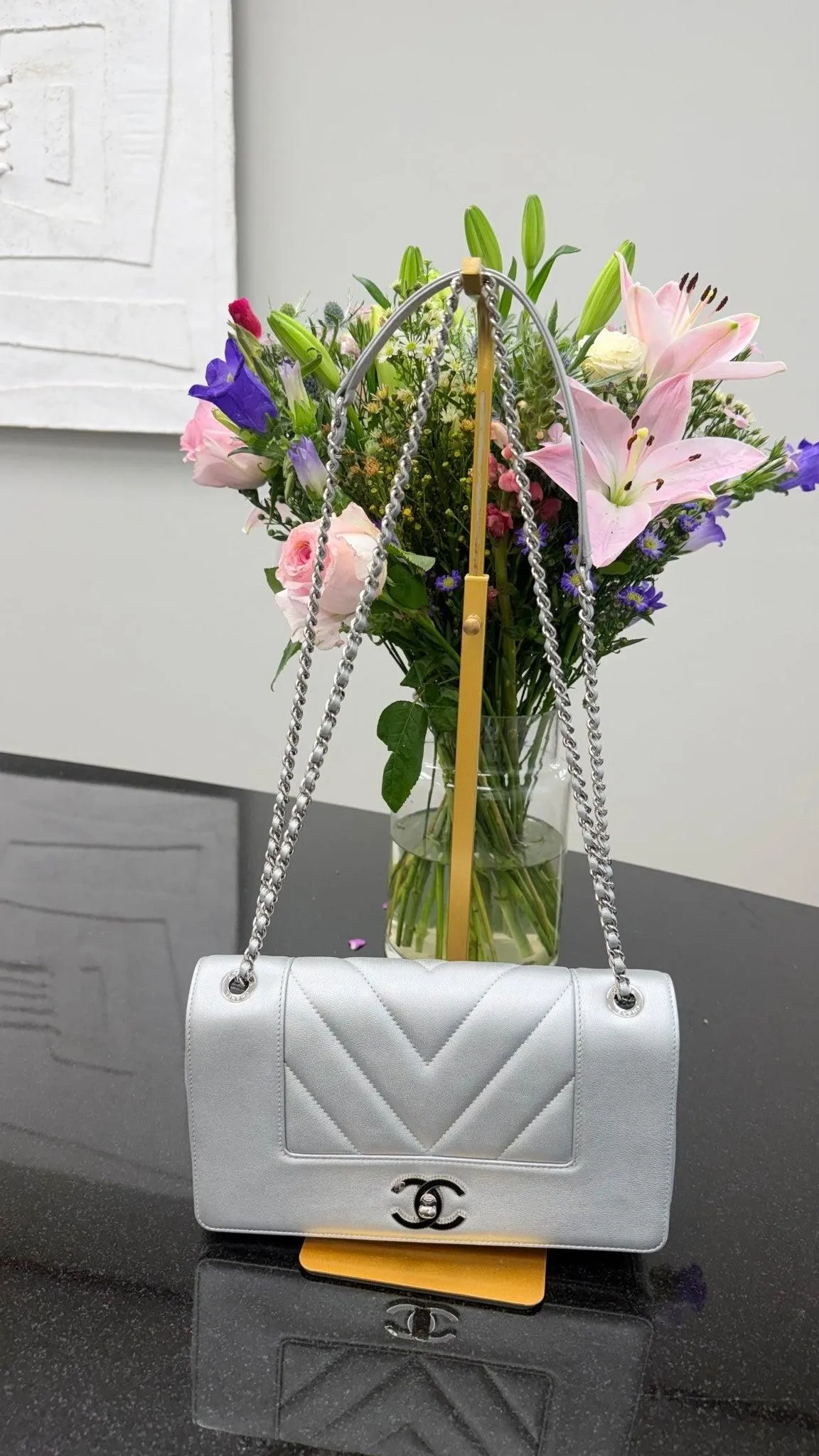 Chanel Silver Leather Mademoiselle Medium Double Flap Bag