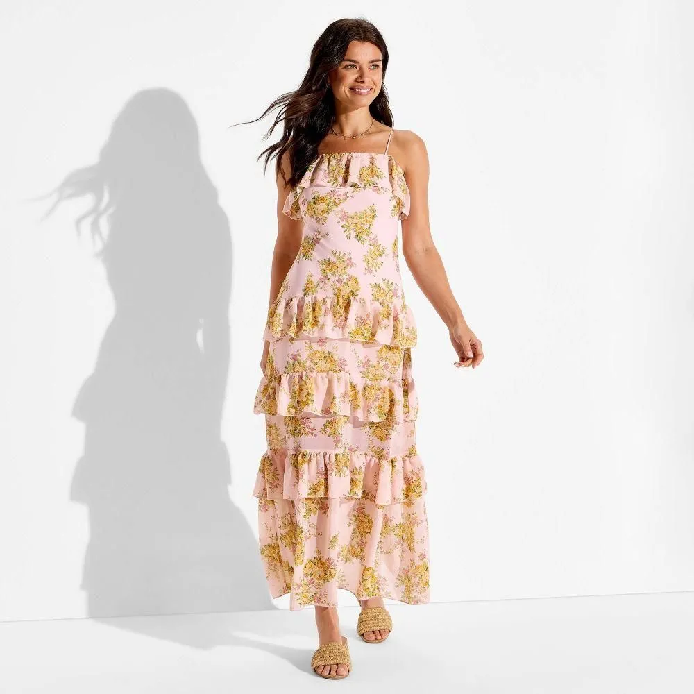 New without Tags - Women's Flounce Tiered Maxi A-Line Dress - Wild Fable Pink Floral XXS