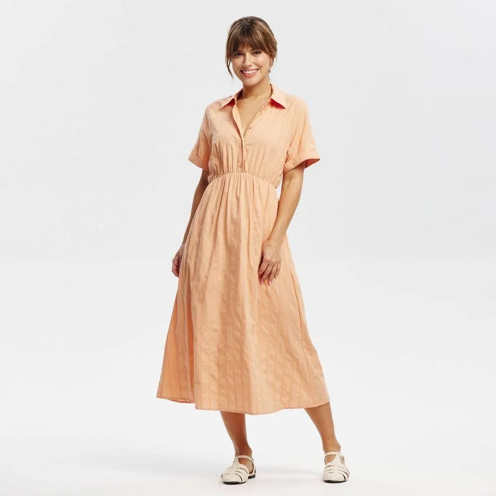 New without Tags - Women's Short Sleeve Button-Front Midi Shirtdress - Universal Thread Orange L