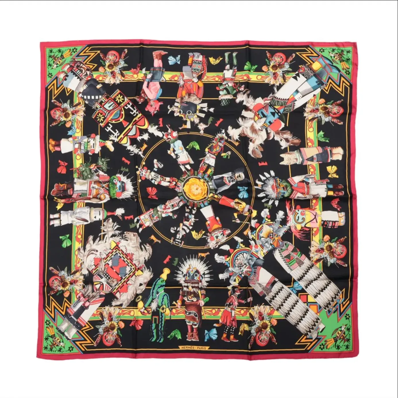 Hermes Kachinas Kermit Oliver Scarf Silk 90cm Black 0629-0054