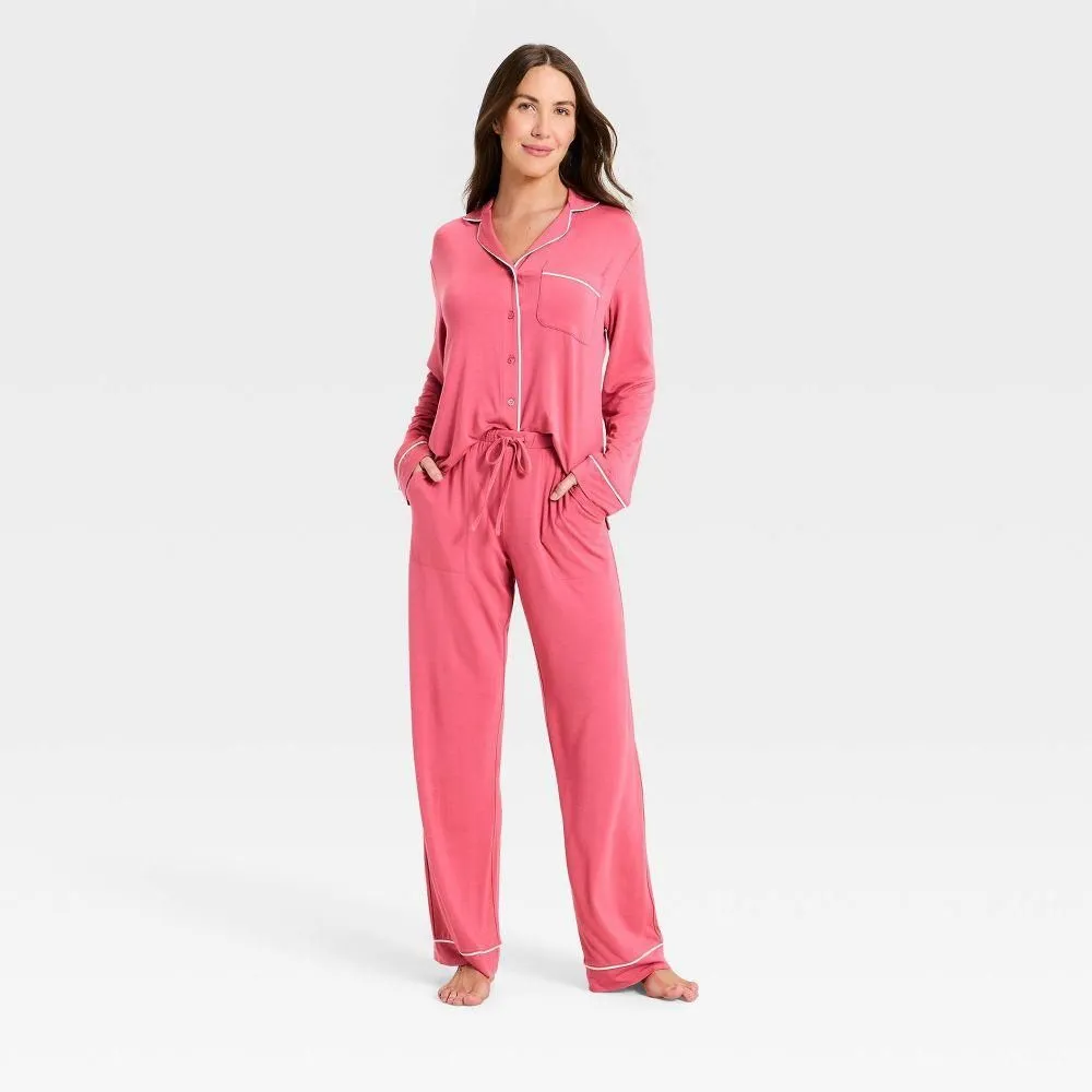 New without Tags - Size: L - Women's Cloud Knit Long Sleeve Notch Collar Top and Pants Pajama Set