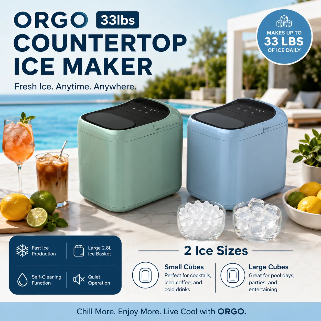 ORGO 33lbs Countertop Ice Maker – Compact Ice Machine Available in Blue & Green