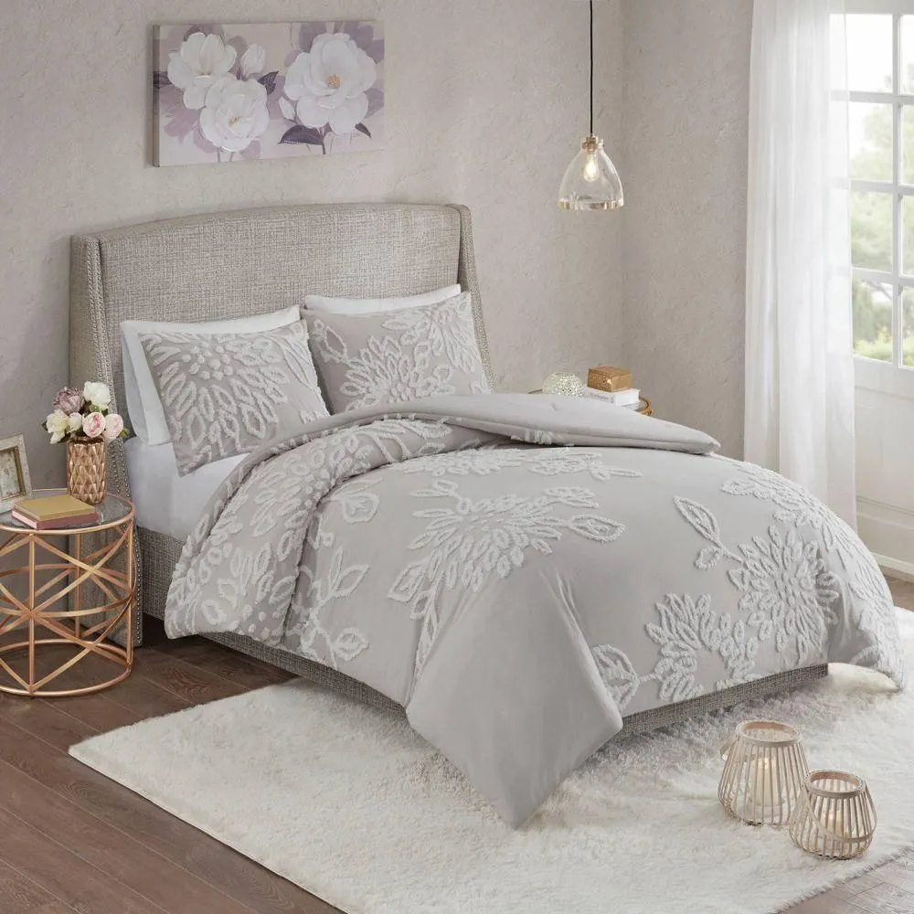 New without box - 3pc Full/Queen Danica Tufted Cotton Chenille Floral Comforter Set Gray/White