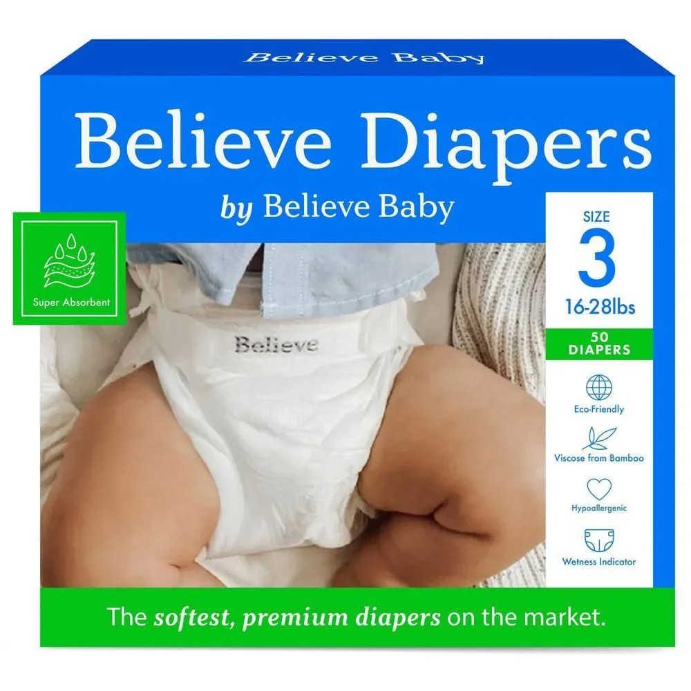 New without Tags - Believe Baby Premium Soft Hypoallergenic Disposable Diapers - Size 3 - 50ct