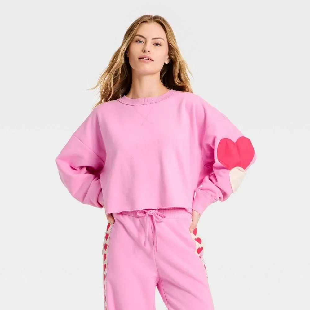 New without Tags - Women's Valentine's Day Patchwork Crewneck Sweatshirt - JoyLab Pink XXL