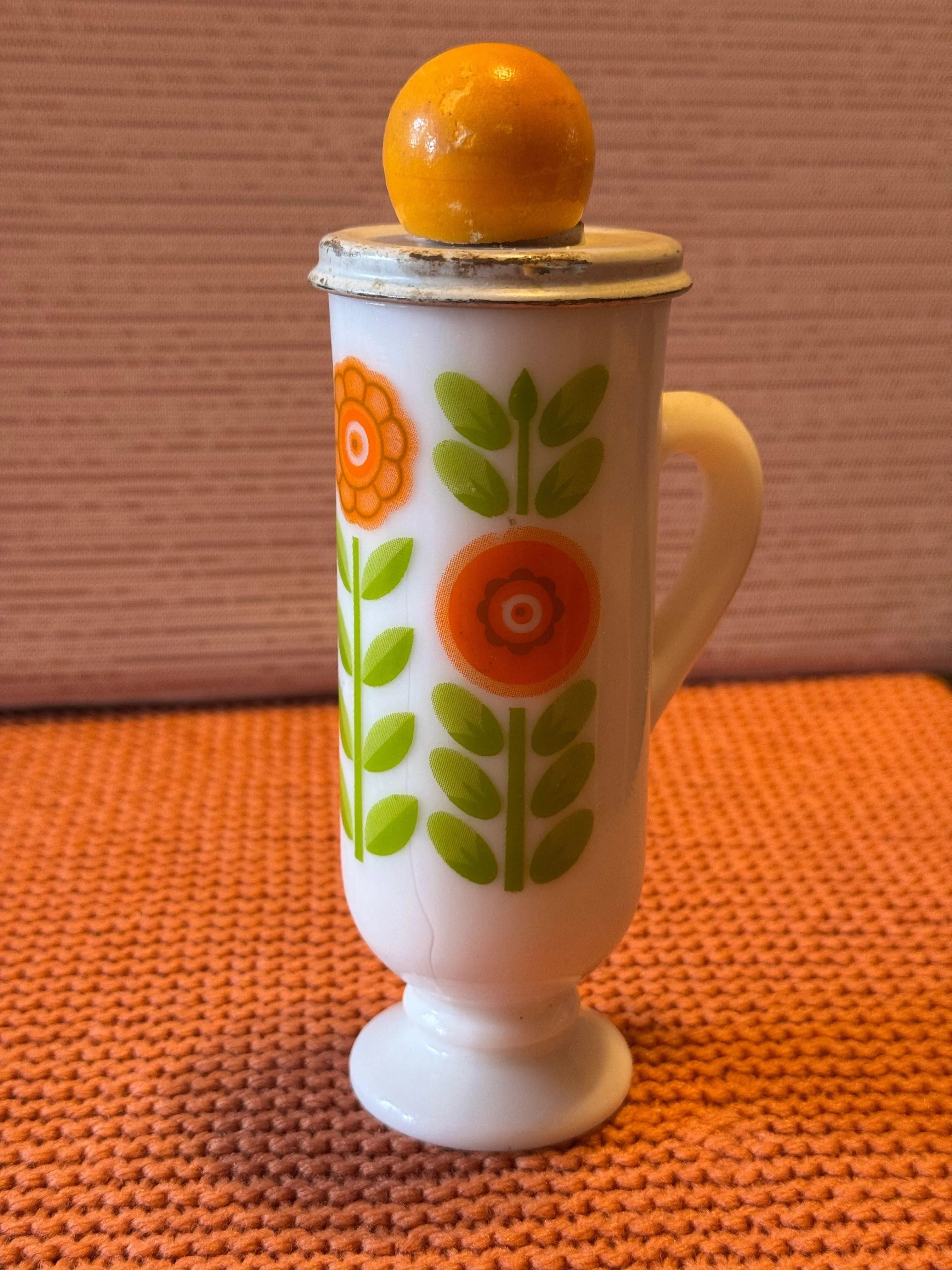 Vintage Avon Dutch Treat Demi Cup Milk Glass Footed Mug with Lid Orange Mod Floral 1970s Empty