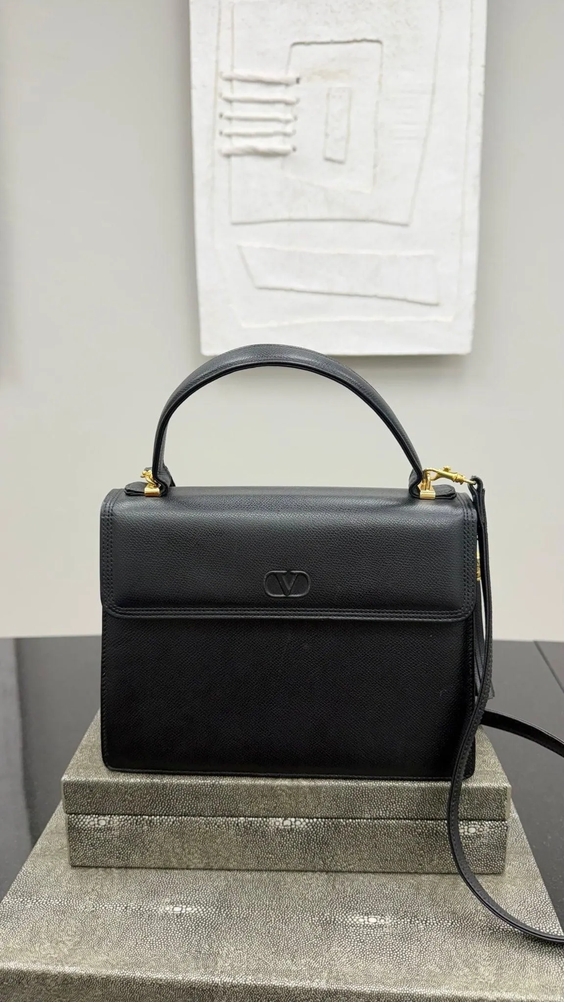 Valentino Black Grained Leather Top Handle Crossbody Bag