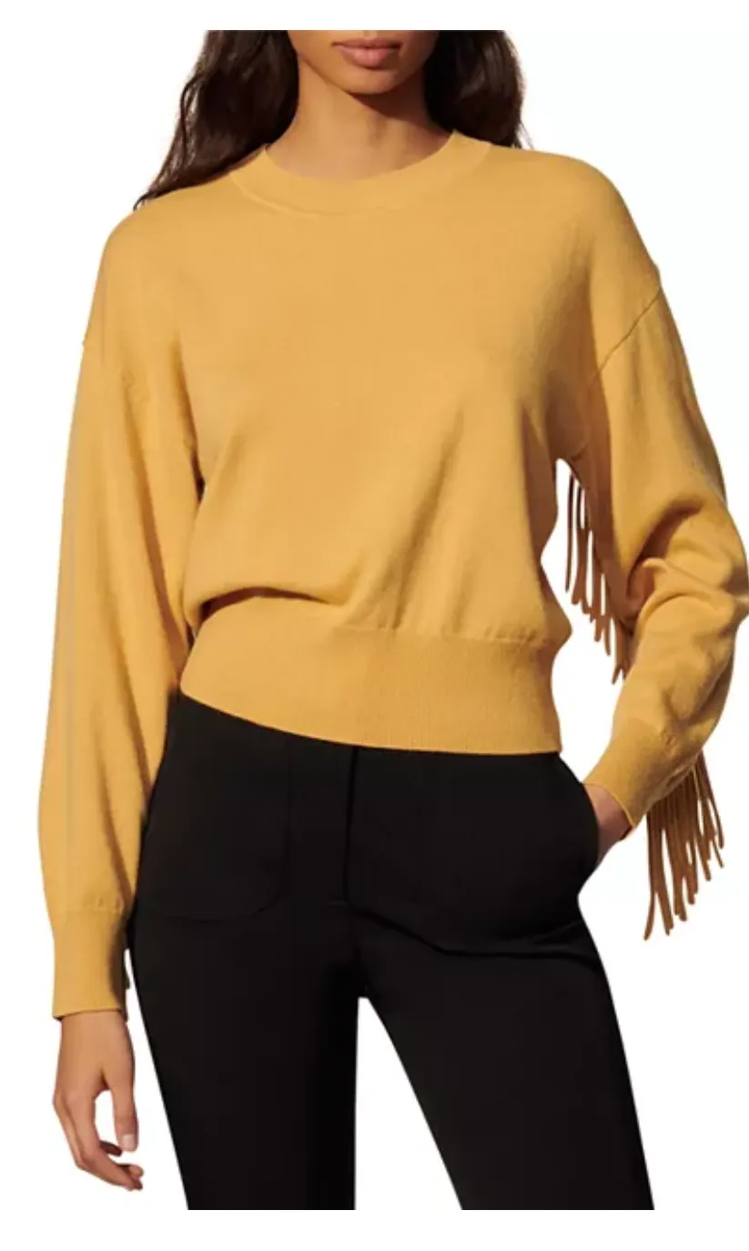 NWT $495 MSRP Sandro Paprika Fringe Wool Cashmere Sweater Curry Size 1 XS