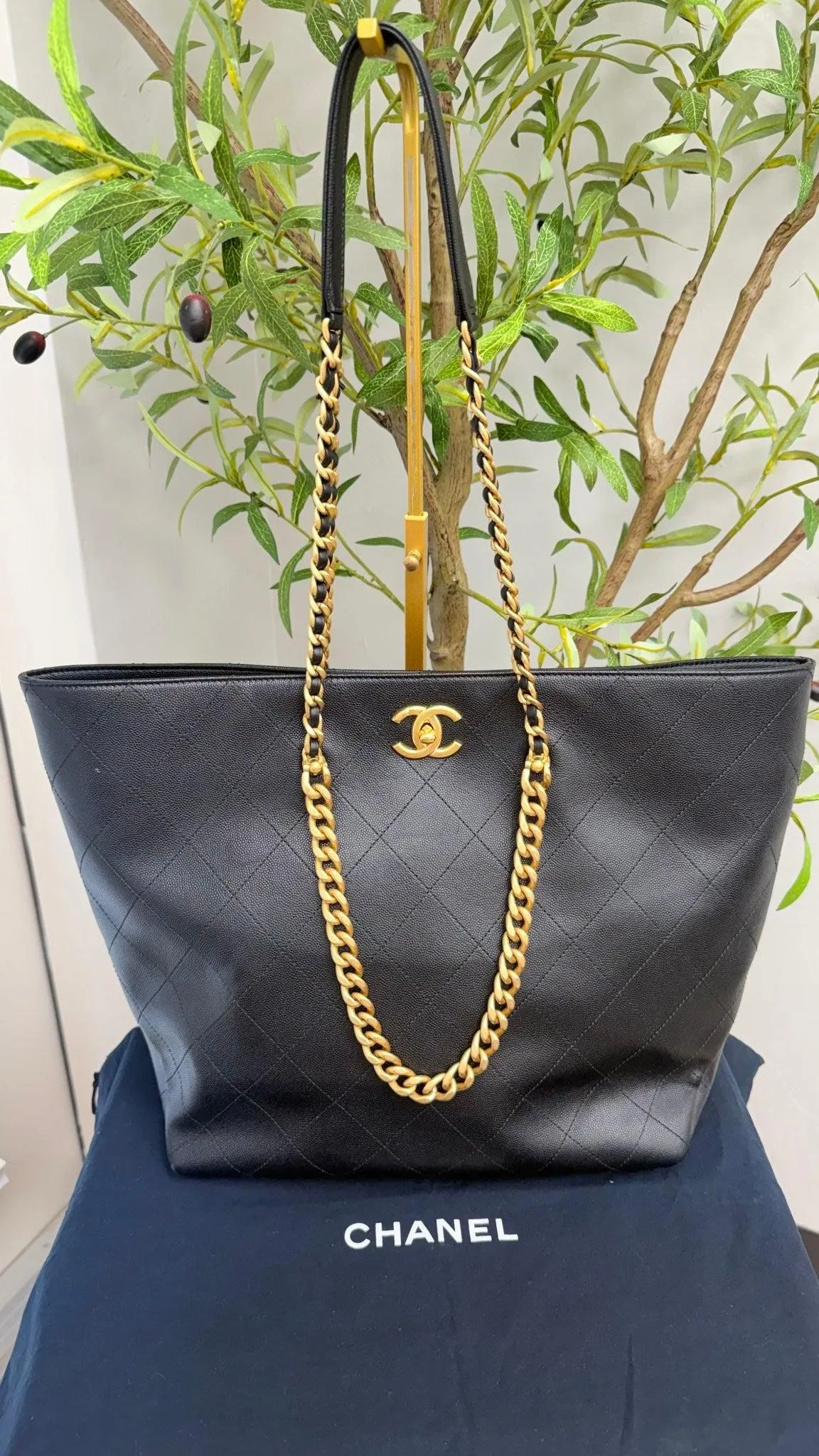 Chanel Black Caviar Leather Chain Shopping Tote Bag
