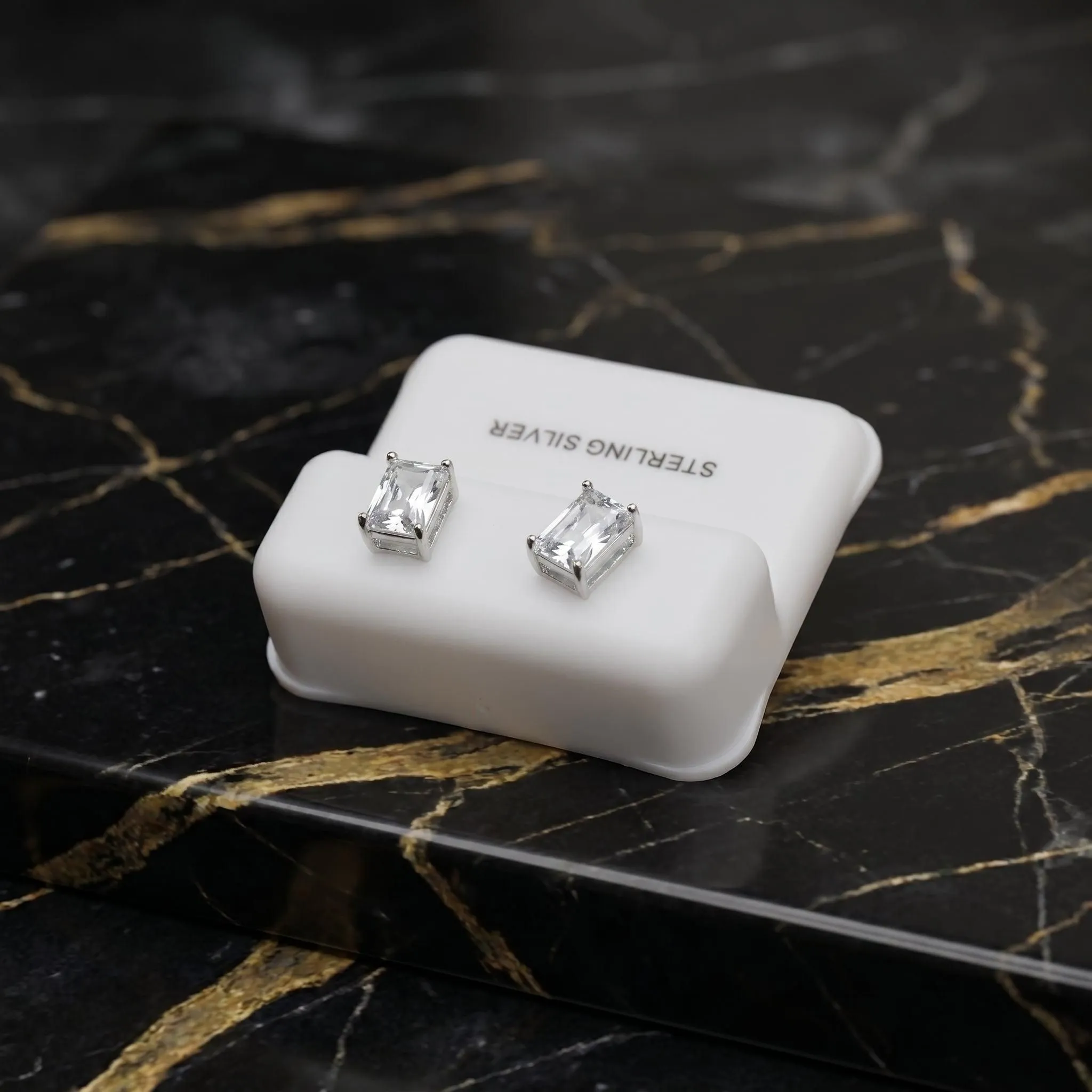 Emerald Cut Cz Earrings Clear 7x5mm 925 Sterling Silver