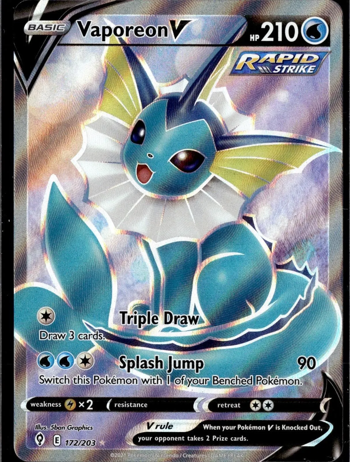 2021 EVOLVING SKIES VAPOREON V 172/203 HOLO ULTRA RARE POKEMON NM