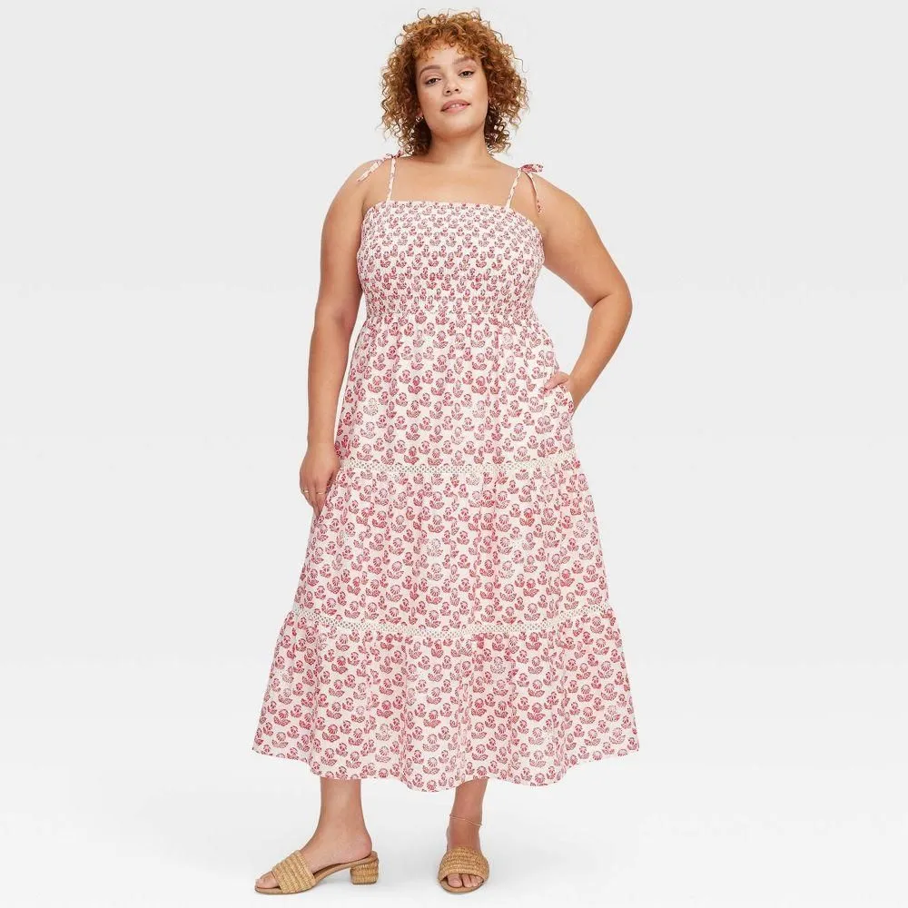 New without Tags - Women's Floral Tie-Shoulder Tiered Maxi A-Line Dress Red - Roller Rabbit 3X