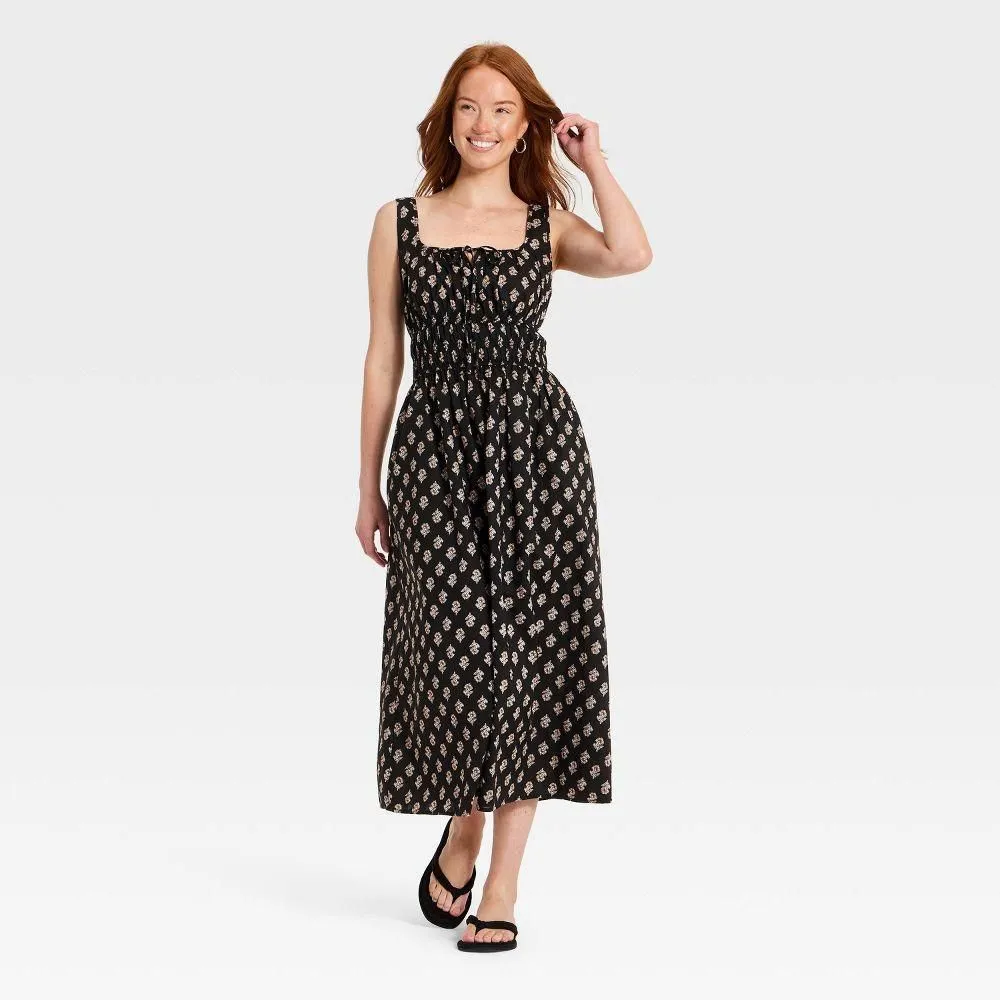 New without Tags - Women's Cotton Midi Pullover Sundress - Universal Thread Black Floral M