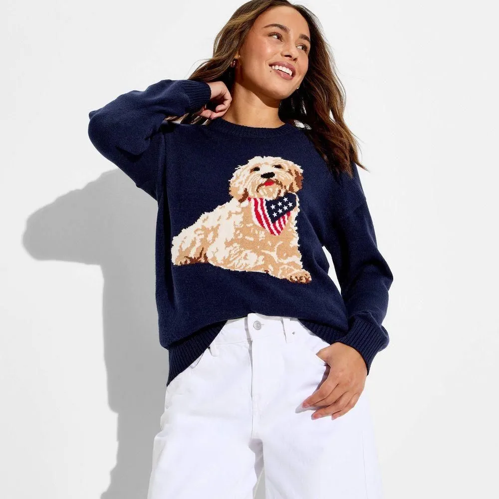 New without Tags - Women's Americana Dog Long Sleeve Graphic Pullover Sweater- Blue XL