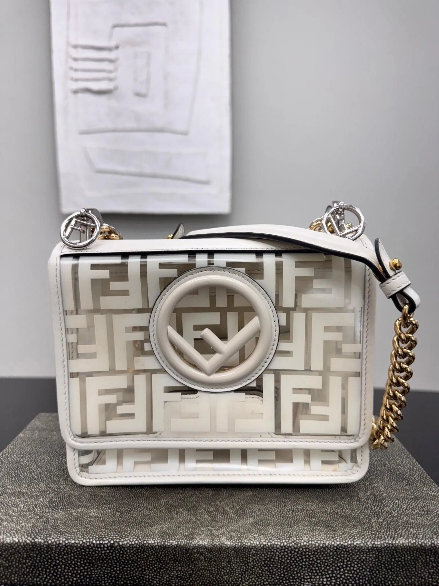 Fendi White Zucca PVC Kan I Logo Crossbody Bag