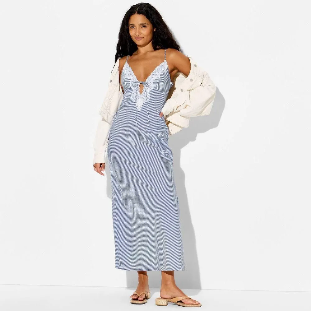 New without Tags - Size: S - Women's Lace Trim Maxi Empire Waist Dress - Wild Fable Blue Striped