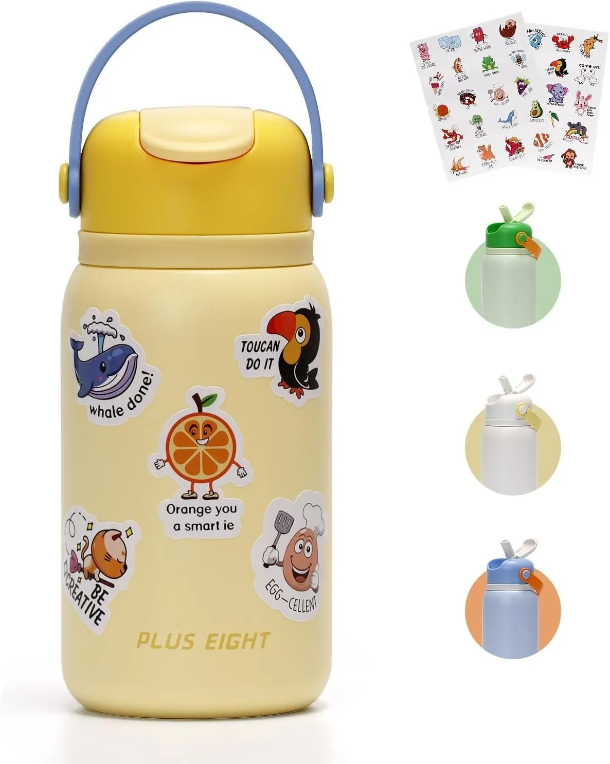 Plus Eight Edelstahl Trinkflasche - 450 ml -  Aufklebern - Edelstahl Für Jungen und Mädchen ﻿ (Gelb)