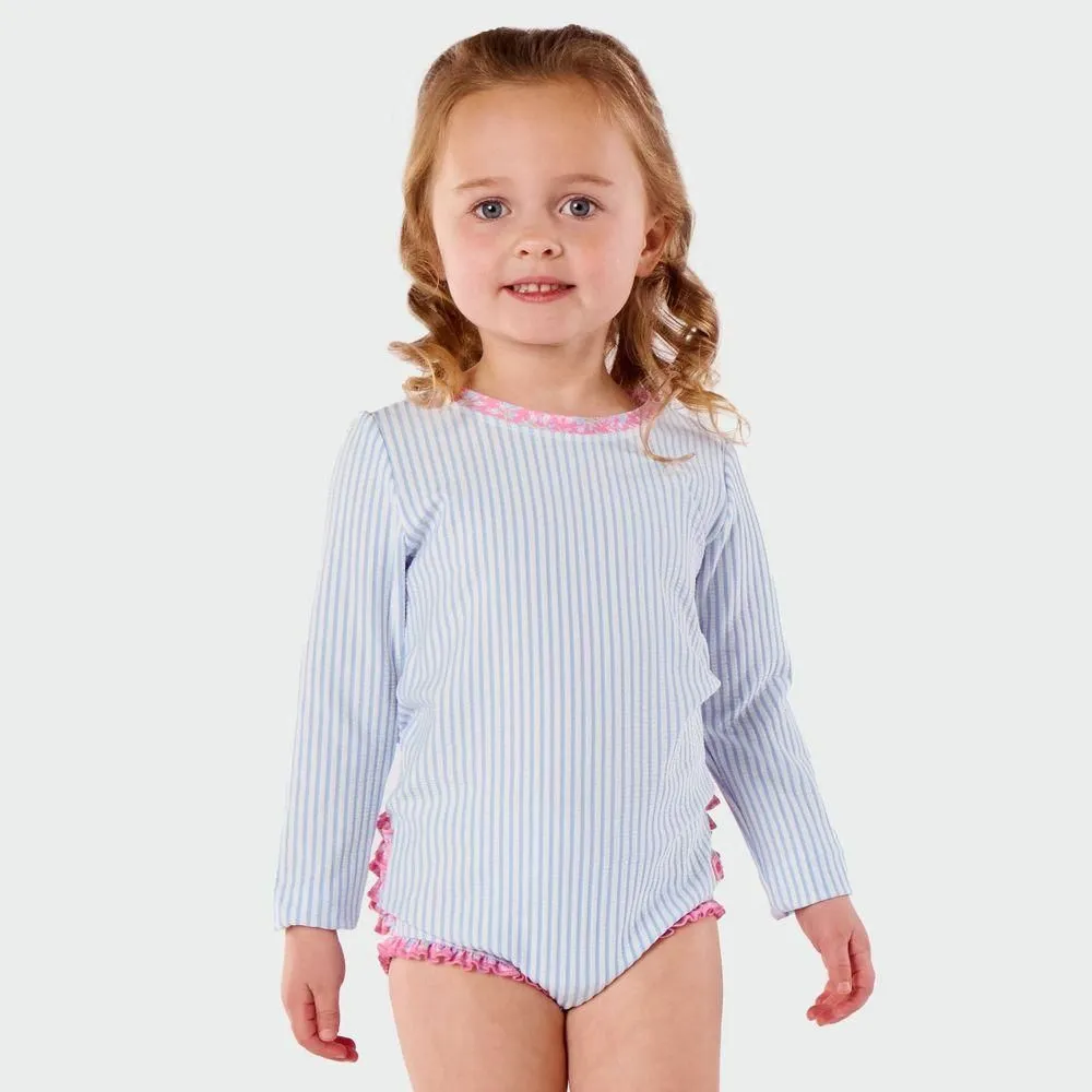New without Tags - Size: 4T - RuffleButts Toddler Girls' Seersucker Long Sleeve Rash Guard One Piece